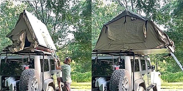 Kémah Iki dibukak ing sisih ndhuwur Jeep kanggo Persiyapan Camp Genius